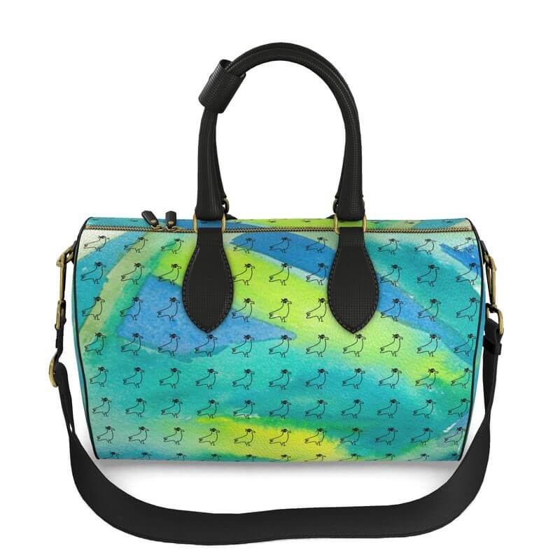 Luxury leather bag with Mediterranean-inspired abstract design, handcrafted from unique Nappa leather, perfect for travel.