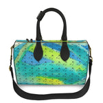 Luxury leather bag with Mediterranean-inspired abstract design, handcrafted from unique Nappa leather, perfect for travel.