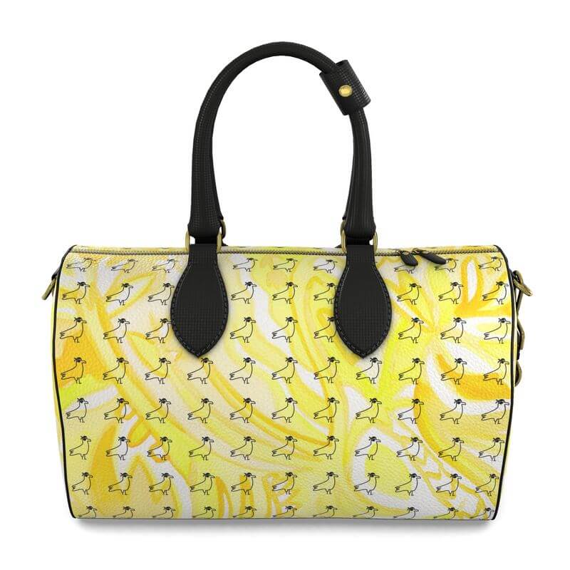 Luxury Nappa leather bag featuring a unique Mediterranean fabric design inspired by abstract art.
