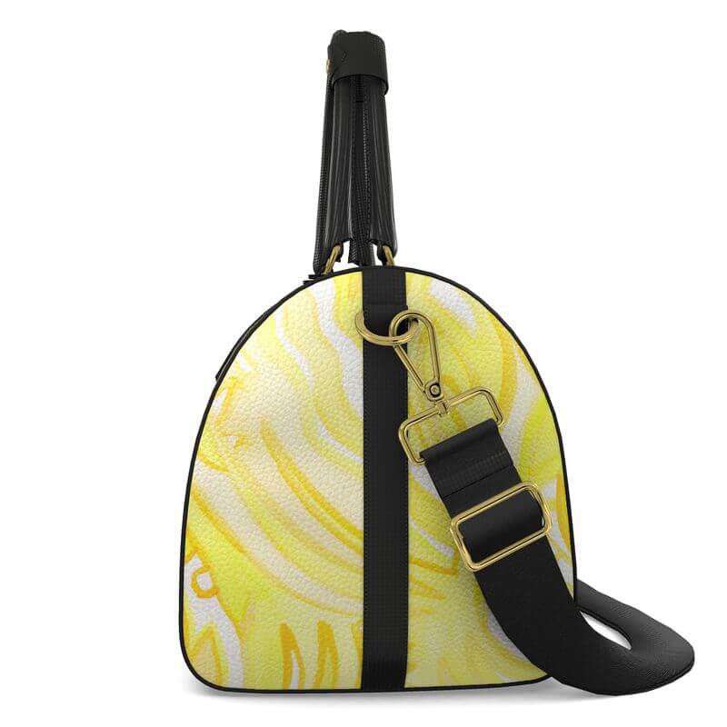 Luxury leather bag with bright yellow abstract design, part of the UNIQUA Traveller series by LUTTZ, inspired by Marseille.