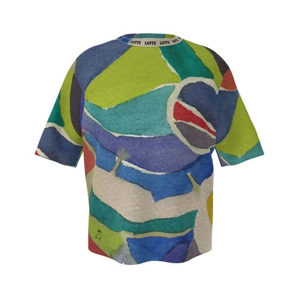 Oversize T-shirt by LUTTZ featuring abstract Mediterranean fabric design, inspired by Marseille, a unique art object.