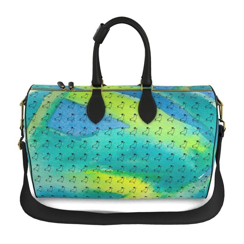 Luxury beach bag featuring a unique abstract design in vibrant blue and green, resembling artwork and perfect for stylish use.