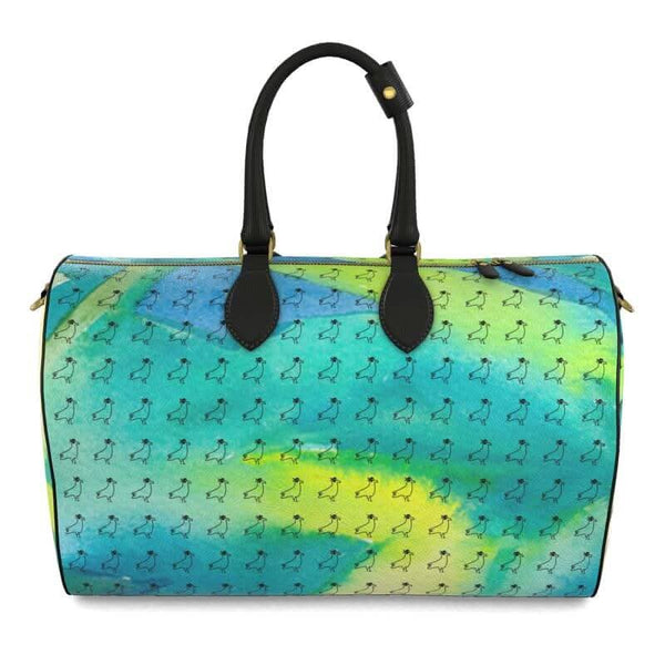 Luxury beach bag with unique abstract painting design, featuring vibrant colors and black leather accents, like an art object.