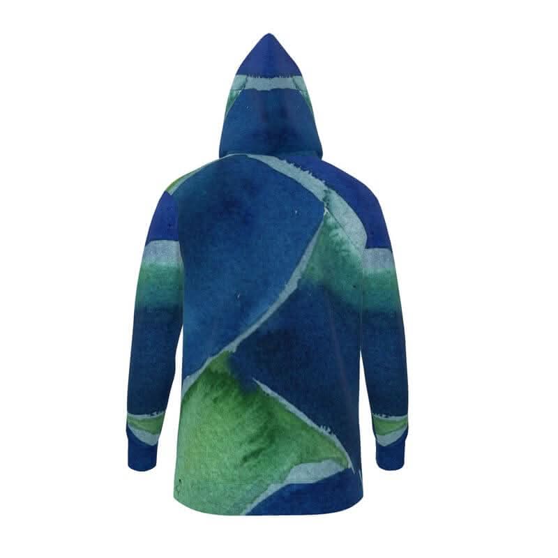 Back view of BLUE GREEN hoodie by LUTTZ, featuring a unique watercolor design, unisex fit, perfect for streetwear enthusiasts.
