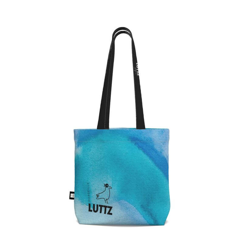 BREEZE daily tote bag from UNIQUA series by LUTTZ in blue cotton denim, perfect for shopping, gym, or yoga.
