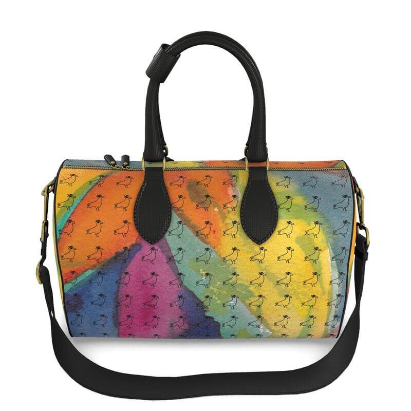 Luxury leather bag with abstract painting design, handcrafted from Nappa leather, inspired by the Mediterranean.