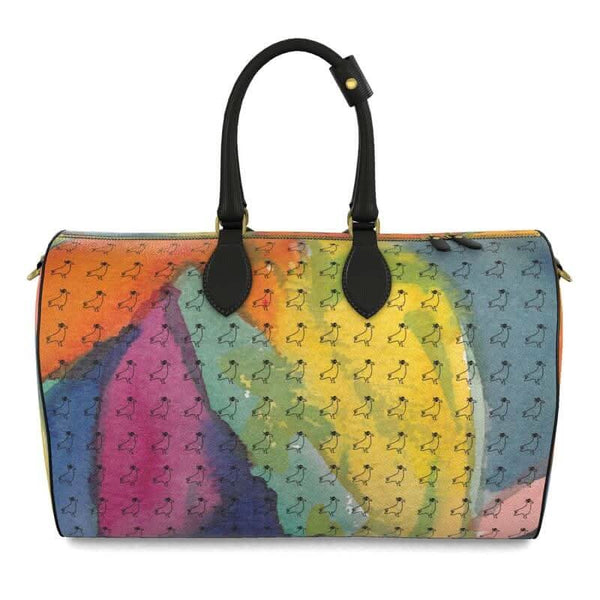 Luxury leather bag with an abstract painting design, handcrafted and unique, perfect for travelers and collectors.