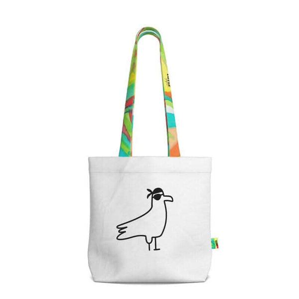 Spacious cotton denim tote bag from UNIQUA series with unique bird design and colorful straps for everyday use.