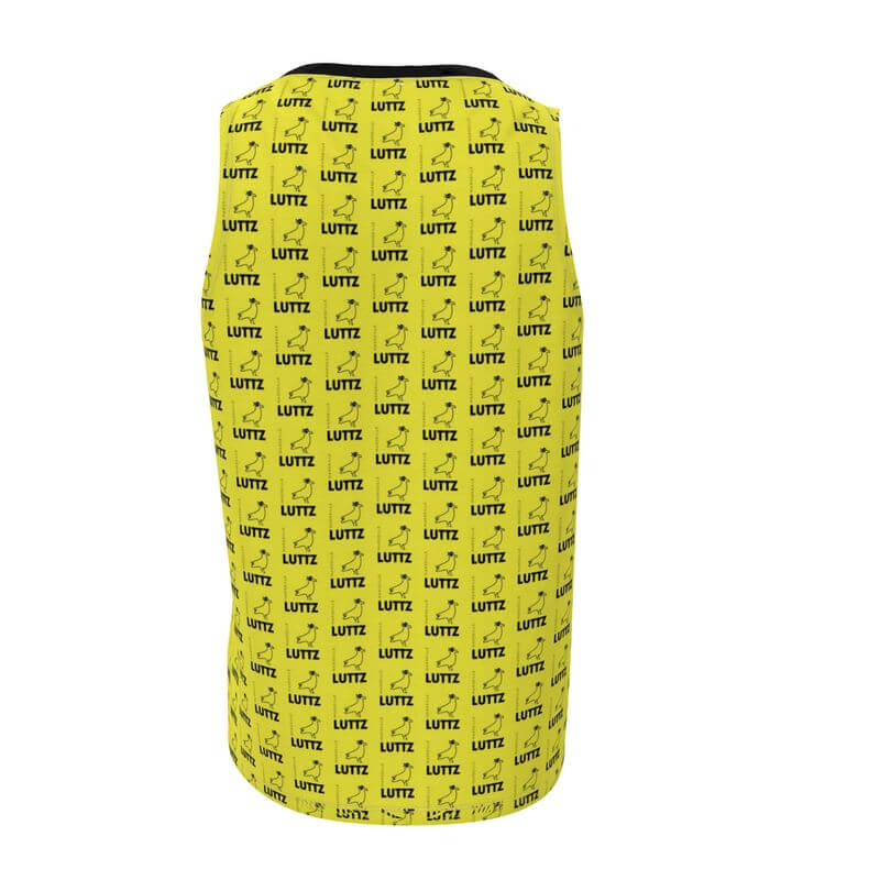 Back view of Lutz lemon skin tank top, a unique designer piece with bold logo pattern, inspired by Mediterranean elegance.