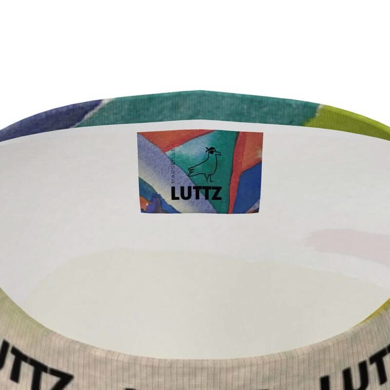 Interior view of LUTTZ oversized t-shirt showcasing unique abstract Mediterranean fabric design, inspired by Marseille.