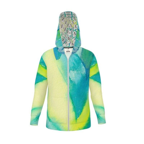 LUTTZ unisex beach hoodie featuring a colorful watercolor design and relaxed fit, perfect for streetwear enthusiasts, inspired by Mediterranean aesthetics.