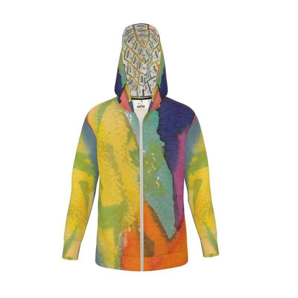 Multicolored unisex hoodie by LUTTZ featuring a classic cut, relaxed fit, and vibrant artist-inspired design.