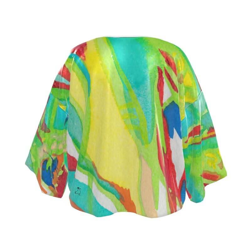 Luxury LUTTZ kimono in vibrant Mediterranean-inspired fabric design, a unique art object in pure silk satin.
