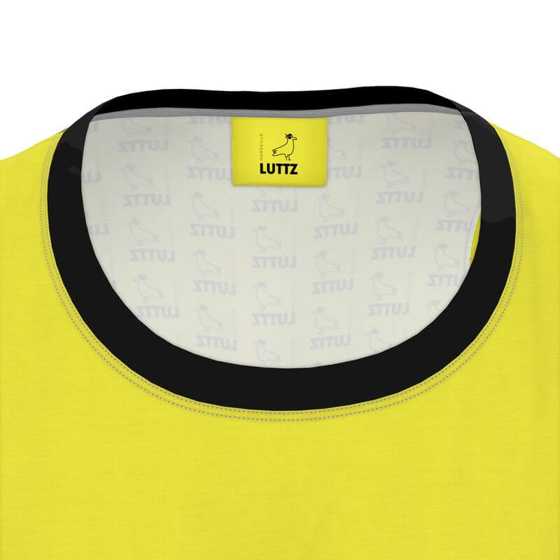 Close-up of Lutz lemon tank top's round collar, showcasing its unique design and luxury branding from Marseille.