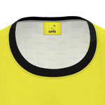 Close-up of Lutz lemon tank top's round collar, showcasing its unique design and luxury branding from Marseille.