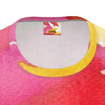 Close-up of MARSEILLE ENERGY tank top collar featuring unique Mediterranean fabric design and vibrant abstract artwork.
