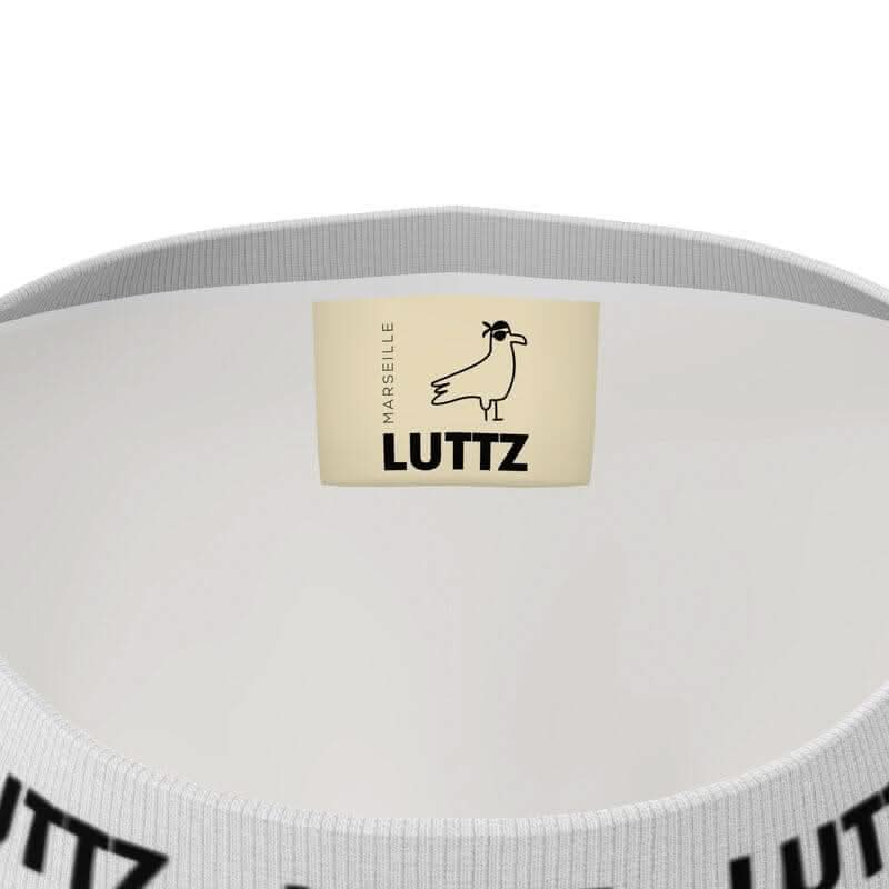 Interior view of the LUTTZ oversize t-shirt showcasing the brand label from Marseille.