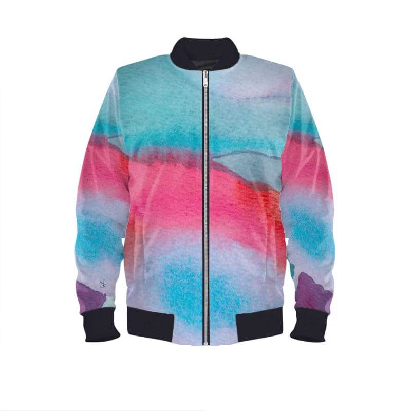 Colorful bomber jacket with artistic watercolor design by LUTTZ, featuring blue, pink, and purple hues, perfect statement piece.