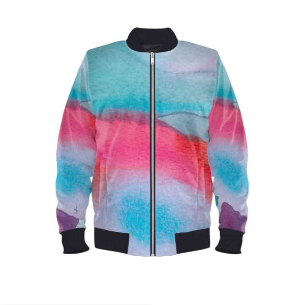 Colorful bomber jacket with artistic watercolor design by LUTTZ, featuring blue, pink, and purple hues, perfect statement piece.