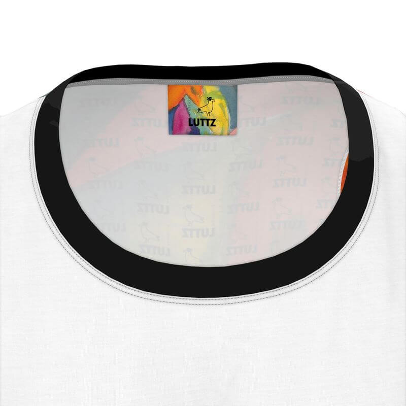 Close-up of LUZZ tank top's round collar, showcasing unique fabric design and luxury artistic details.