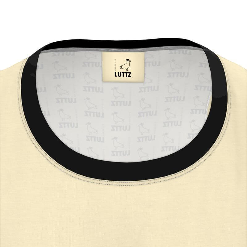 Close-up of the LUTTZ tank top's unique fabric and round collar, featuring minimalist and elegant design inspired by Marseille.