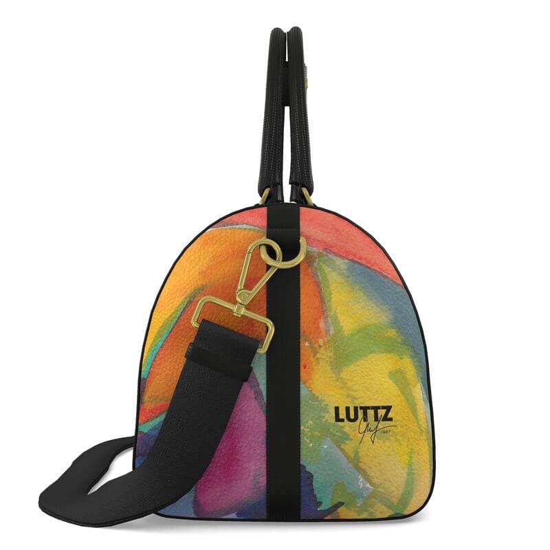 Luxury leather bag from LUTTZ, featuring abstract painting design inspired by Marseille, unique art object for stylish travel.