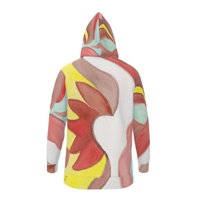 Back view of the OCTOBUS ROOSTER hoodie by LUTTZ featuring colorful abstract design, unisex fit, high-quality fabric.