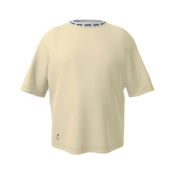 Oversize t-shirt in cream color by LUTTZ, featuring a casual cut and distinctive collar design, perfect for any wardrobe.