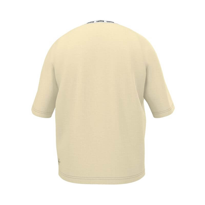Back view of oversize T-shirt by LUTTZ in beige, showcasing its casual cut and unique design.