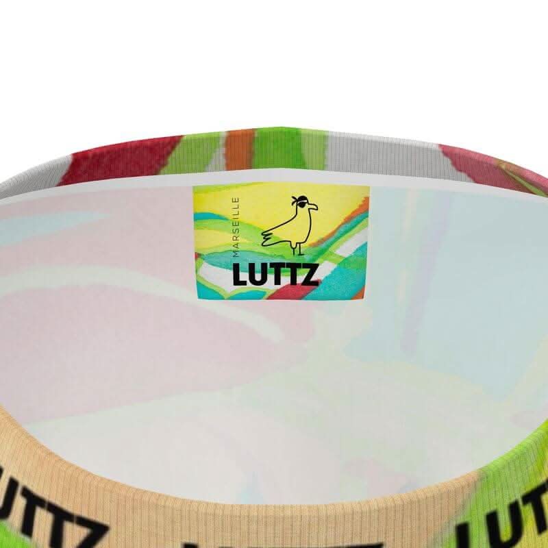 Interior view of the LUTTZ oversized t-shirt showcasing its unique, artistic label and abstract design elements.