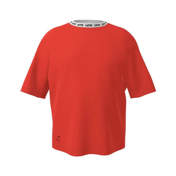 Red oversized t-shirt by LUTTZ, a unique designer piece inspired by the south of France's Mediterranean elegance.
