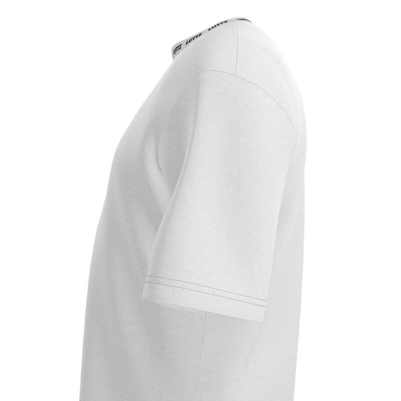 Side view of the SNOW oversized luxury t-shirt by LUTTZ, featuring a unique design and exceptional craftsmanship.