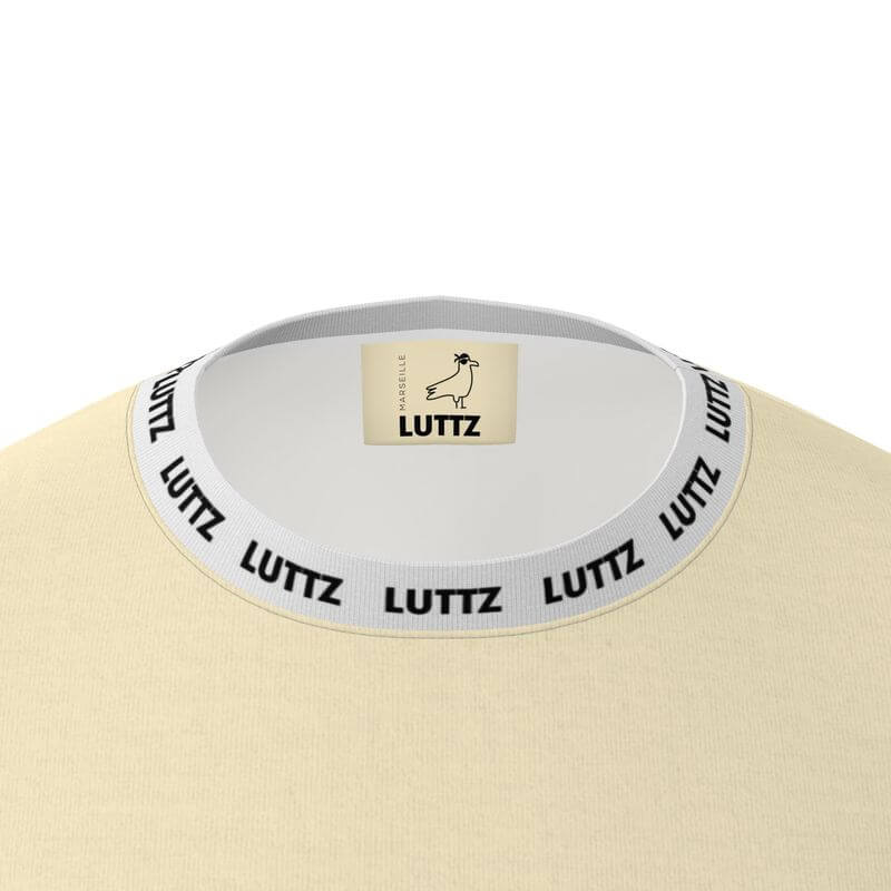 Detail view of the LUTTZ oversized t-shirt collar, showcasing the unique design and brand label.