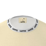 Detail view of the LUTTZ oversized t-shirt collar, showcasing the unique design and brand label.