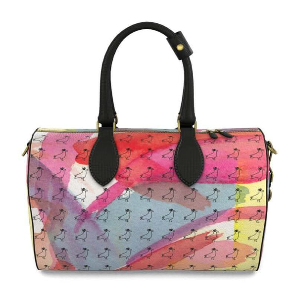 Luxury handcrafted leather bag with abstract painting design, inspired by Marseille's Mediterranean fabric.