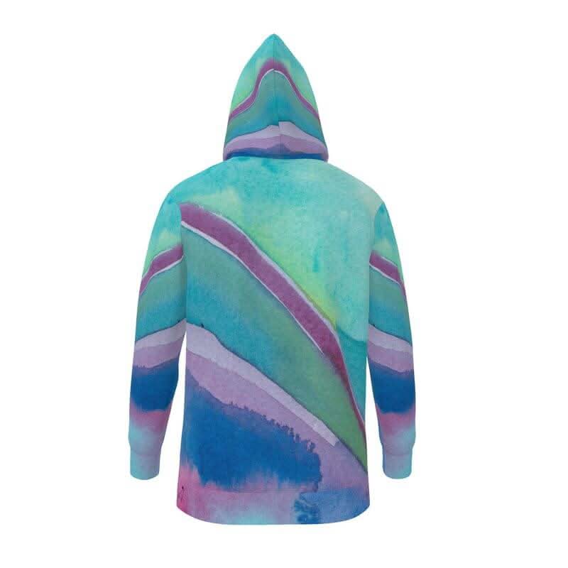 Back view of SEA SLIDE hoodie by LUTTZ featuring a vibrant watercolor pattern in blue, green, and purple hues.