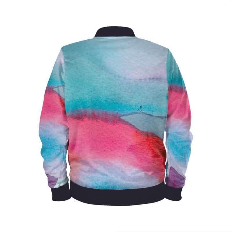 Back view of the Morning Robe, a classic bomber jacket with a vibrant artistic fabric design by Luttz.