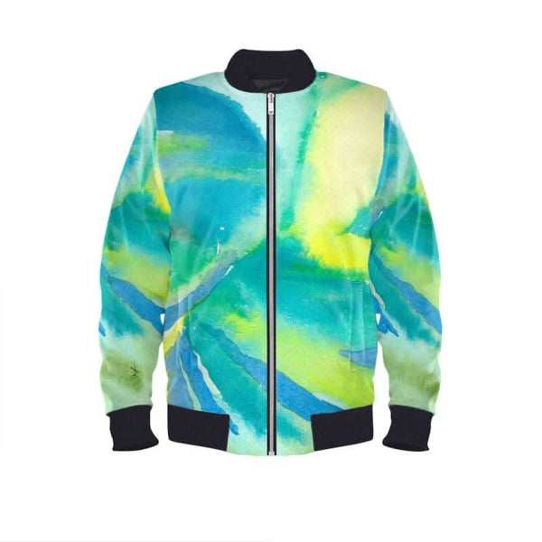 Luxury designer bomber jacket with artistic watercolor fabric design, a standout exclusive art piece from LUTTZ.