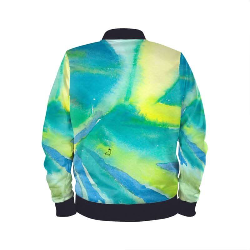 Back view of a luxury designer bomber jacket with an exclusive artistic fabric design in vibrant blue and green hues.