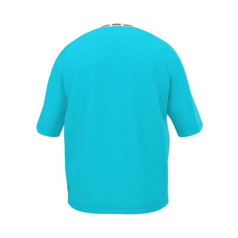 Back view of the SKY ENERGY oversized t-shirt by LUTTZ in vibrant turquoise, showcasing its casual design.