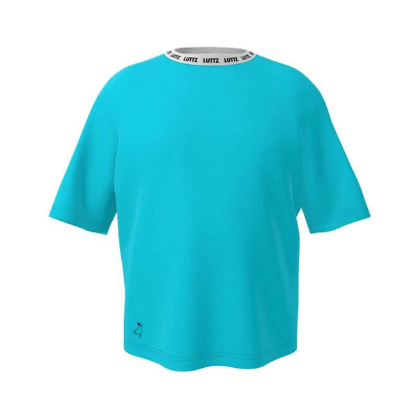 Sky Energy oversized t-shirt by LUTTZ in vibrant turquoise, featuring a casual cut and unique design.
