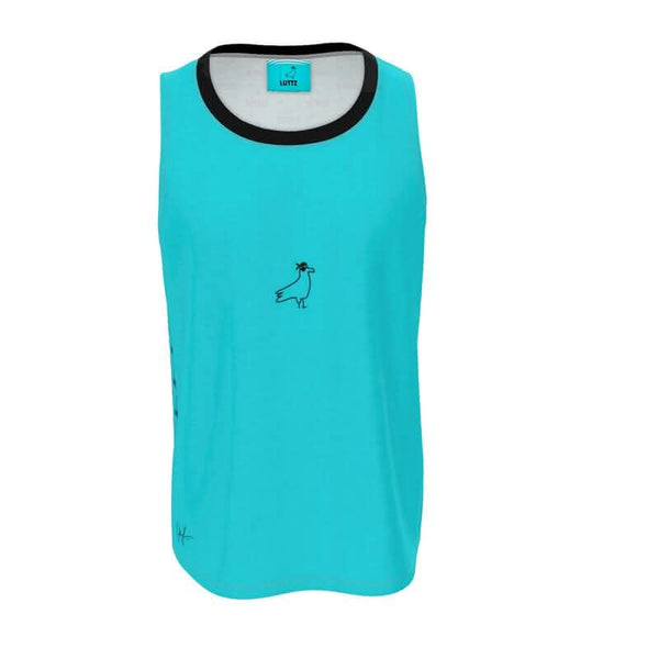 LUTTZ turquoise tank top with unique fabric design, minimalist style, and elegant artwork from Marseille.