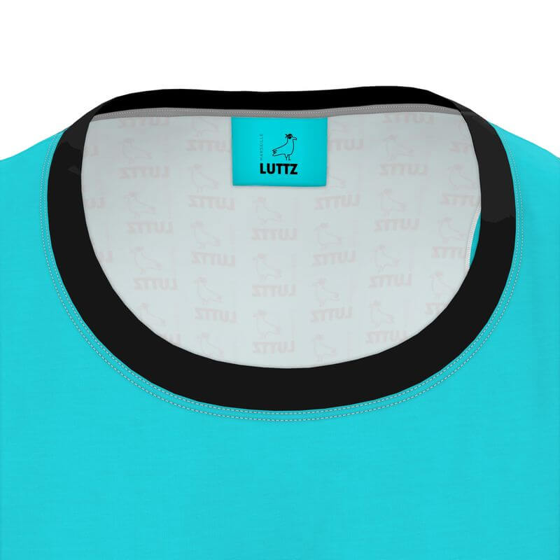 Close-up of LUTTZ turquoise tank top collar, featuring unique fabric design and elegant minimalist style. A designer piece from Marseille.