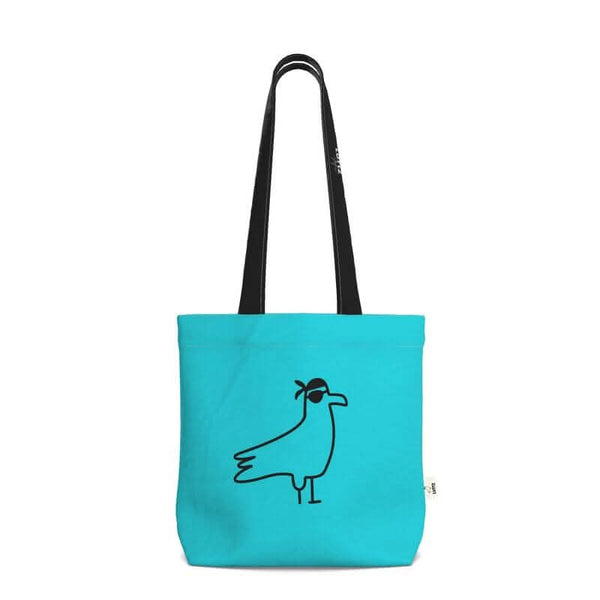 Turquoise tote bag with a minimalist bird design, exclusive and unique, perfect for shopping or gym.
