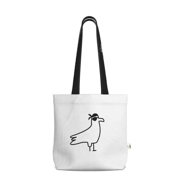 Unique white tote bag with minimalist bird design, perfect for stylish shopping and everyday use.
