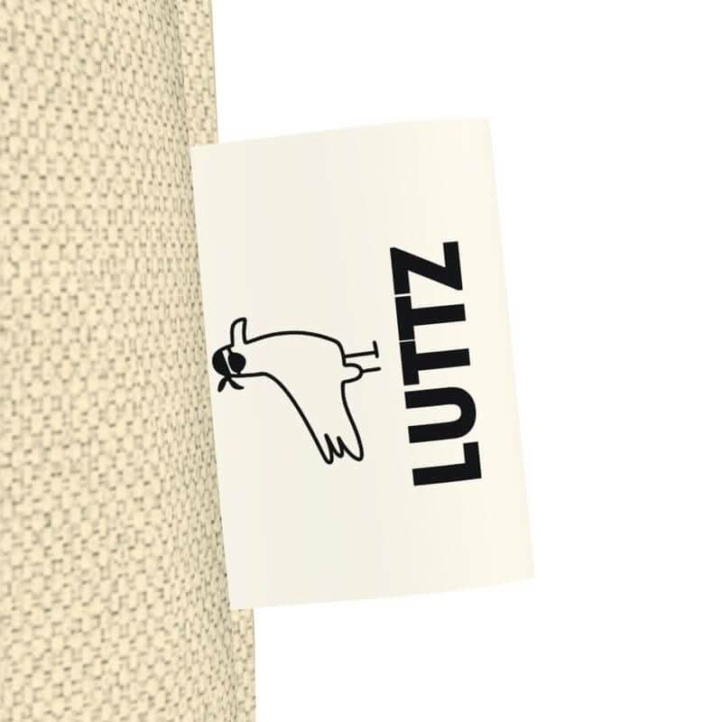 LUTTZ tag on a unique luxury tote bag, showcasing minimalist design and exclusive fabric inspired by Mediterranean style.