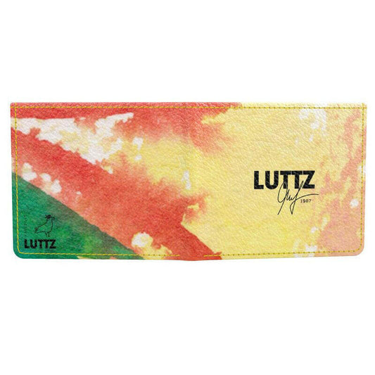 LUTTZ designer wallet featuring a vibrant watercolor design with red, yellow, and green hues, perfect for stylish money storage.