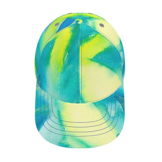 Unique luxury baseball cap in vibrant green and yellow, inspired by Mediterranean art and designed in Marseille.