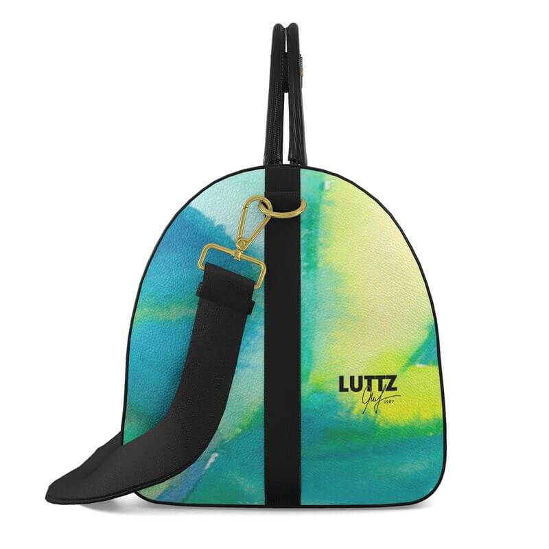 Luxury beach bag with unique abstract painting design, featuring vibrant colors, perfect art object for stylish outings.