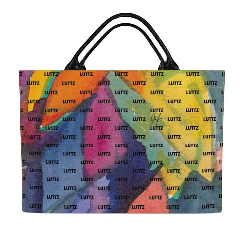 Luxury UNIQUA big bag by LUTTZ, vibrant Mediterranean design, unique artwork-style with leather handles from Marseille.